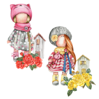 Composition of doll Tilda in dress and dahlia flowers. png