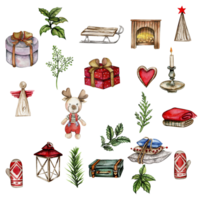 Set of elements for Christmas. Plants, gifts,baby deer,lamp . png