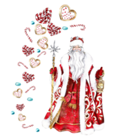 Composition for Christmas Santa in a red coat and cookies. png