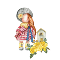 Composition of doll Tilda in dress and dahlia flowers. png