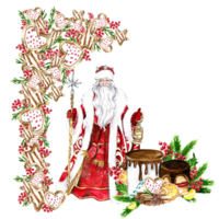 Composition for Christmas Santa in a red coat and cookies. png