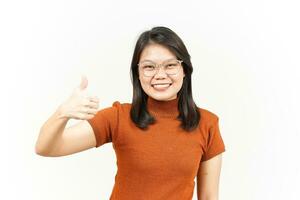 Showing Thumbs Up Of Beautiful Asian Woman Isolated On White Background photo