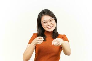 Smiling and Pointing at You, Want You Gesture Of Beautiful Asian Woman Isolated On White Background photo