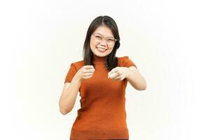 Smiling and Pointing at You, Want You Gesture Of Beautiful Asian Woman Isolated On White Background photo