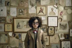 AI generated a young child dressed in a jacket, wearing glasses, and standing in front of a wall adorned with various artworks and photos. photo