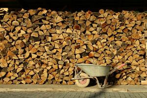 Stack Of Firewood And Dirty Wheelbarrow photo