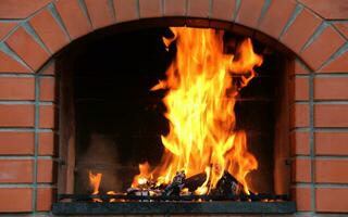 Fireplace Of Brick Oven With Burning Logs photo