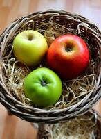 Wicker Pot With Juicy Red, Green And Golden Apples In A Wooden Chippings Top View photo