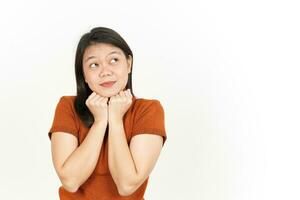 Thinking Gesture Of Beautiful Asian Woman Isolated On White Background photo