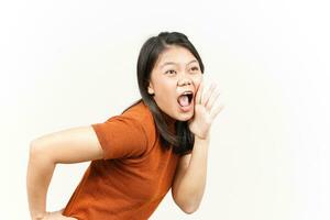 Shouting out loud with hands over mouth Of Beautiful Asian Woman Isolated On White Background photo