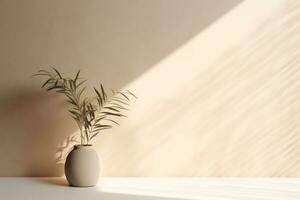 AI generated Light beige studio background with a houseplant in a vase on the floor. Rays of the sun on the wall. Minimalistic abstract studio background for product presentations photo