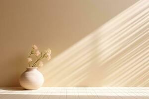 AI generated Light beige studio background with a houseplant in a vase on the floor. Rays of the sun on the wall. Minimalistic abstract studio background for product presentations photo
