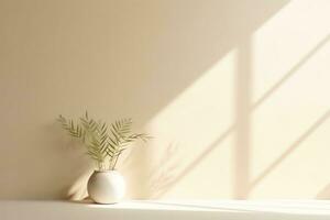 AI generated Light beige studio background with a houseplant in a vase on the floor. Rays of the sun on the wall. Minimalistic abstract studio background for product presentations photo