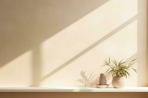 AI generated Light beige studio background with a houseplant in a vase on the floor. Rays of the sun on the wall. Minimalistic abstract studio background for product presentations photo