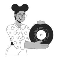 African american girl showing vinyl record black and white 2D line cartoon character. Gen z black woman retro music lover isolated vector outline person. Nostalgia monochromatic flat spot illustration