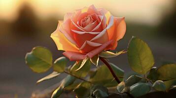 ai generado un Rosa es mostrado en el lluvia con hojas foto