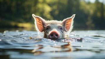 ai generado cerdo en el agua foto