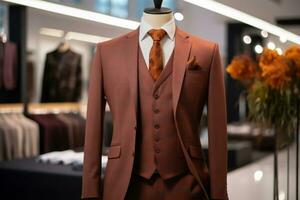 AI generated Elegant Menswear - Upscale Presentation of a Classic Three-Piece Suit in a Fashionable Store photo