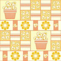 Seamless pattern with icons of popcorn, popcorn container, corn grains on square grid background. For branding, decoration of food package, decorative print vector