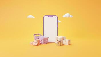 Online shopping concept. Collection of marketplaces on a smartphone with parcels box, Cart, Gift and Coins for delivery background. 3D rendering. photo