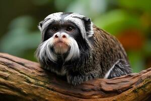 ai generado emperador tamarin - Amazonas selva - un pequeño primate especies conocido para sus distintivo como bigote facial cabello. ellos son amenazado por habitat pérdida y el mascota comercio foto