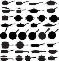 Collection of frying pan silhouettes isolated on white backgorund vector