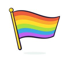 Rainbow Flag of LGBT community on flagstaff. Vector illustration. Hand Drawn Cartoon illustration with outline. Design element isolated on white background