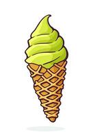 Scoop of pistachio ice cream in a waffle cone. Vector illustration. Hand Drawn Cartoon illustration with outline. Design element isolated on white background