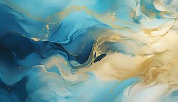 AI generated Marbled blue and golden abstract background. Liquid marble ink pattern. abstract background with blue, yellow and white paint mixing in water photo