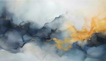 AI generated Marbled blue and golden abstract background. Liquid marble ink pattern. abstract background with blue, yellow and white paint mixing in water photo