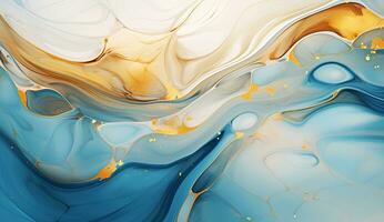 AI generated Marbled blue and golden abstract background. Liquid marble ink pattern. abstract background with blue, yellow and white paint mixing in water photo