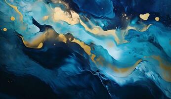AI generated Marbled blue and golden abstract background. Liquid marble ink pattern. abstract background with blue, yellow and white paint mixing in water photo