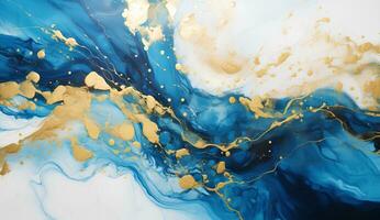 AI generated Marbled blue and golden abstract background. Liquid marble ink pattern. abstract background with blue, yellow and white paint mixing in water photo
