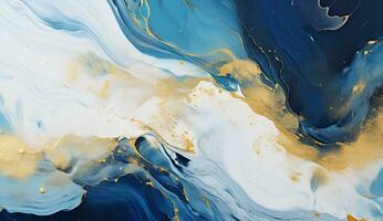 AI generated Marbled blue and golden abstract background. Liquid marble ink pattern. abstract background with blue, yellow and white paint mixing in water photo