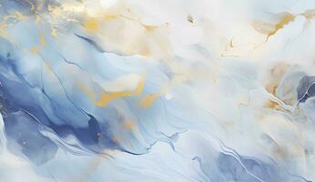 AI generated Marbled blue and golden abstract background. Liquid marble ink pattern. abstract background with blue, yellow and white paint mixing in water photo