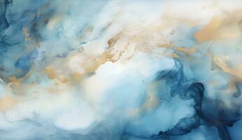 AI generated Marbled blue and golden abstract background. Liquid marble ink pattern. abstract background with blue, yellow and white paint mixing in water photo
