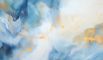 AI generated Marbled blue and golden abstract background. Liquid marble ink pattern. abstract background with blue, yellow and white paint mixing in water photo
