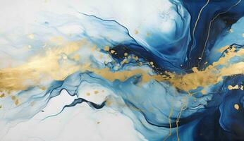 AI generated Marbled blue and golden abstract background. Liquid marble ink pattern. abstract background with blue, yellow and white paint mixing in water photo