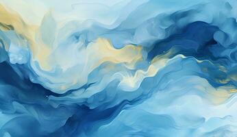 AI generated Marbled blue and golden abstract background. Liquid marble ink pattern. abstract background with blue, yellow and white paint mixing in water photo
