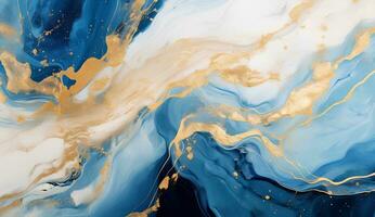 AI generated Marbled blue and golden abstract background. Liquid marble ink pattern. abstract background with blue, yellow and white paint mixing in water photo