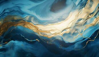 AI generated Marbled blue and golden abstract background. Liquid marble ink pattern. abstract background with blue, yellow and white paint mixing in water photo
