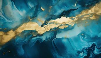 AI generated Marbled blue and golden abstract background. Liquid marble ink pattern. abstract background with blue, yellow and white paint mixing in water photo