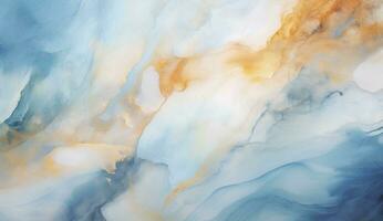 AI generated Marbled blue and golden abstract background. Liquid marble ink pattern. abstract background with blue, yellow and white paint mixing in water photo