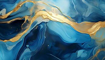 AI generated Marbled blue and golden abstract background. Liquid marble ink pattern. abstract background with blue, yellow and white paint mixing in water photo