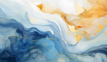 AI generated Marbled blue and golden abstract background. Liquid marble ink pattern. abstract background with blue, yellow and white paint mixing in water photo