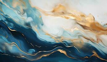 AI generated Marbled blue and golden abstract background. Liquid marble ink pattern. abstract background with blue, yellow and white paint mixing in water photo