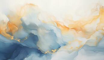 AI generated Marbled blue and golden abstract background. Liquid marble ink pattern. abstract background with blue, yellow and white paint mixing in water photo