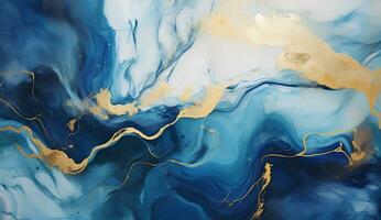 AI generated Marbled blue and golden abstract background. Liquid marble ink pattern. abstract background with blue, yellow and white paint mixing in water photo
