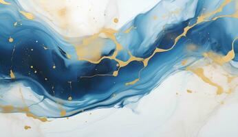 AI generated Marbled blue and golden abstract background. Liquid marble ink pattern. abstract background with blue, yellow and white paint mixing in water photo