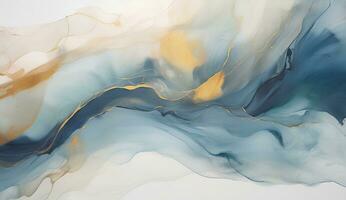 AI generated Marbled blue and golden abstract background. Liquid marble ink pattern. abstract background with blue, yellow and white paint mixing in water photo